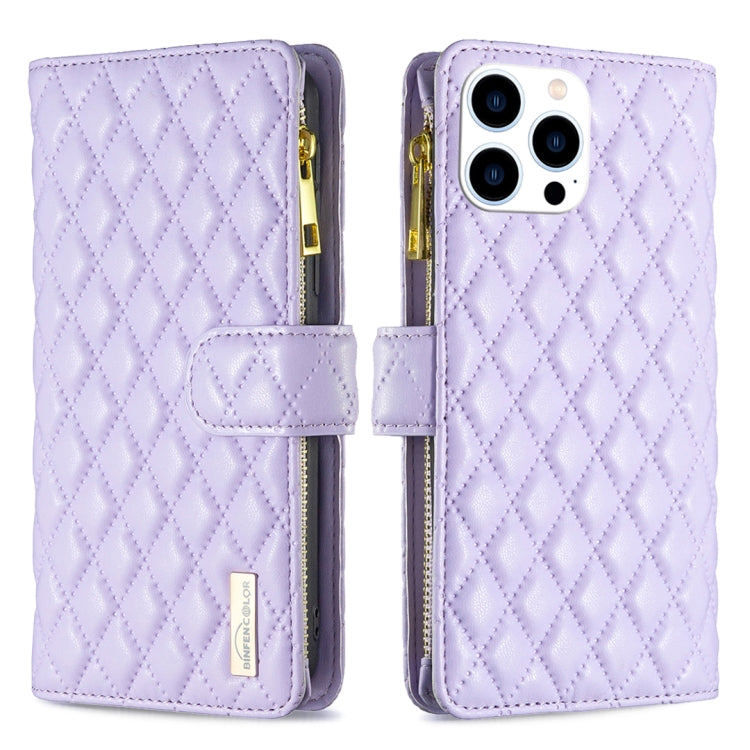For iPhone 15 Pro Diamond Lattice Zipper Wallet Leather Flip Phone Case(Purple) - HoMEdemic™ 