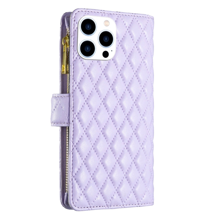 For iPhone 15 Pro Diamond Lattice Zipper Wallet Leather Flip Phone Case(Purple) - HoMEdemic™ 