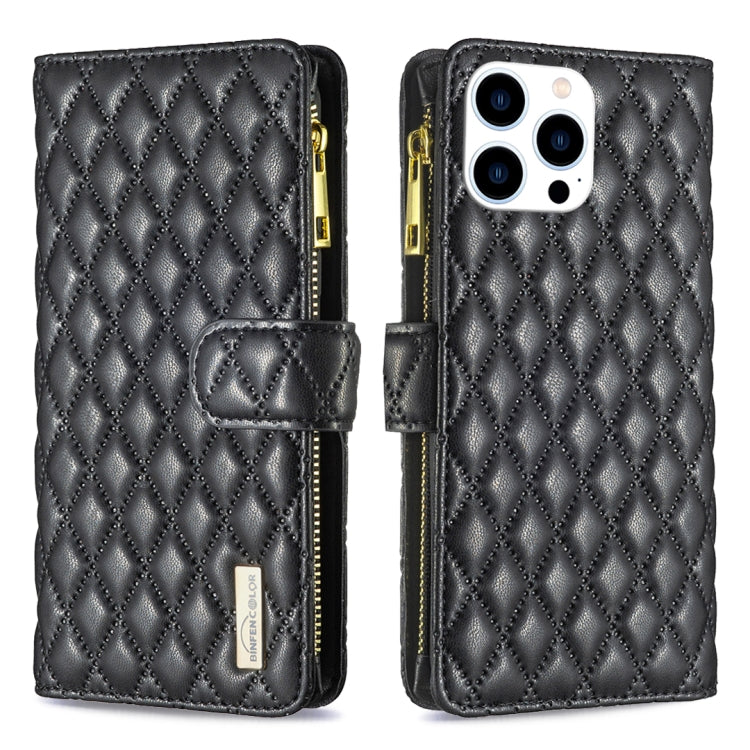 For iPhone 15 Pro Diamond Lattice Zipper Wallet Leather Flip Phone Case(Black) - HoMEdemic™ 