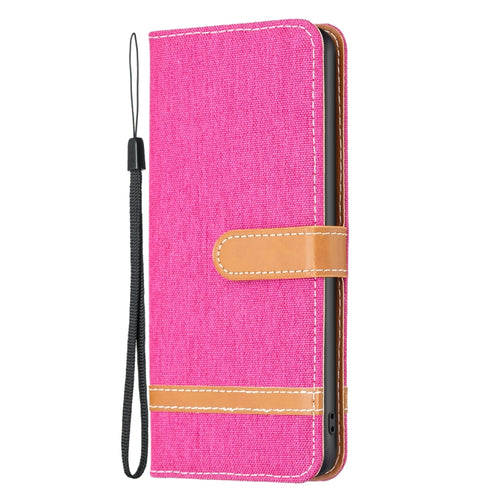 For iPhone 15 Pro Max Color Block Denim Texture Leather Phone Case(Rose Red) - HoMEdemic™ 