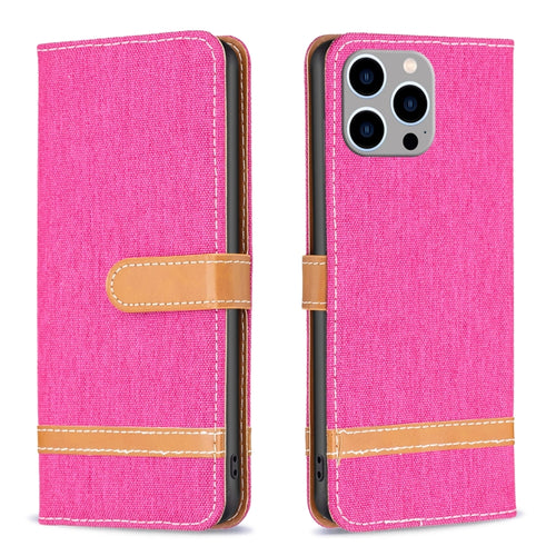 For iPhone 15 Pro Max Color Block Denim Texture Leather Phone Case(Rose Red) - HoMEdemic™ 