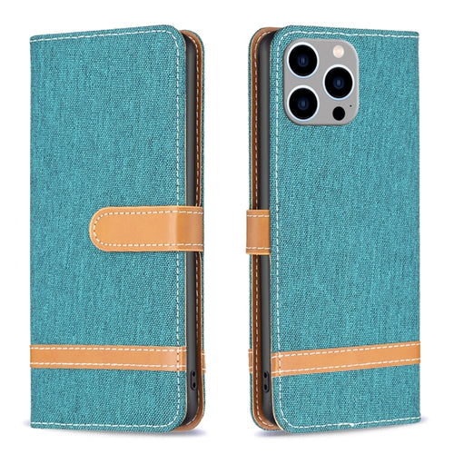 For iPhone 15 Pro Max Color Block Denim Texture Leather Phone Case(Green) - HoMEdemic™ 