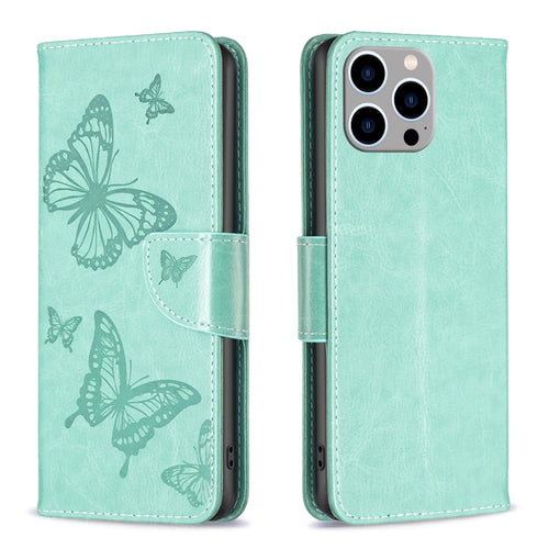 For iPhone 15 Pro Max Embossing Two Butterflies Pattern Leather Phone Case(Green) - HoMEdemic™ 