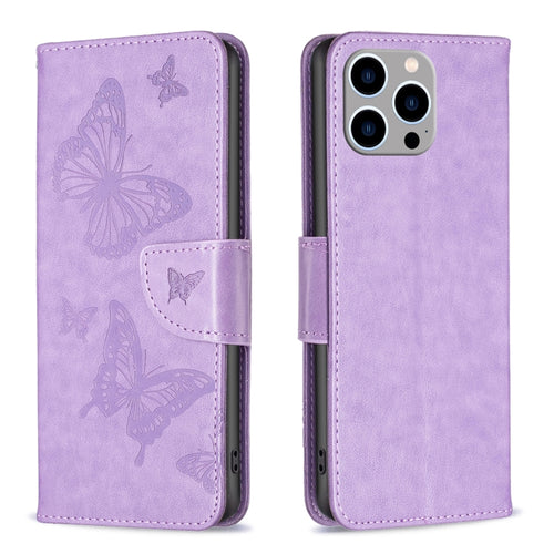 For iPhone 15 Pro Max Embossing Two Butterflies Pattern Leather Phone Case(Purple) - HoMEdemic™ 