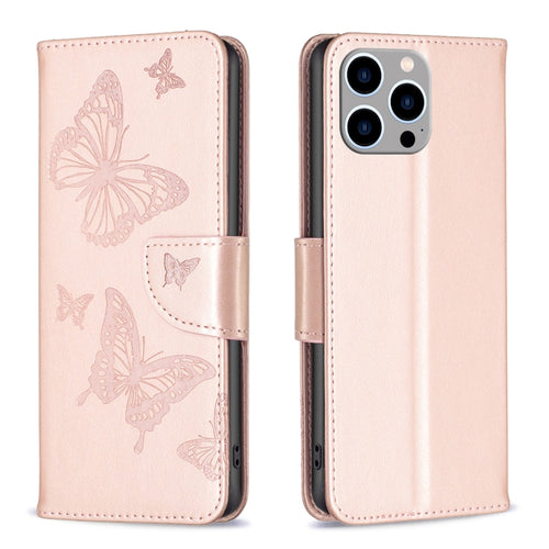 For iPhone 15 Pro Max Embossing Two Butterflies Pattern Leather Phone Case(Rose Gold) - HoMEdemic™ 