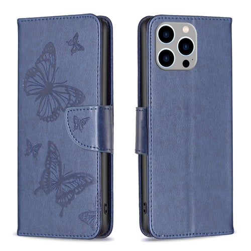 For iPhone 15 Pro Max Embossing Two Butterflies Pattern Leather Phone Case(Blue) - HoMEdemic™ 