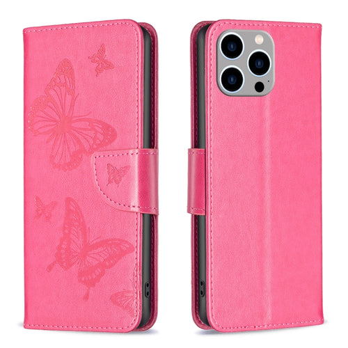 For iPhone 15 Pro Max Embossing Two Butterflies Pattern Leather Phone Case(Rose Red) - HoMEdemic™ 