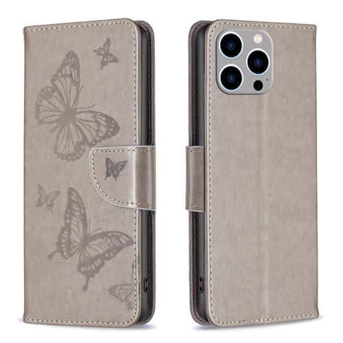 For iPhone 15 Pro Max Embossing Two Butterflies Pattern Leather Phone Case(Grey) - HoMEdemic™ 