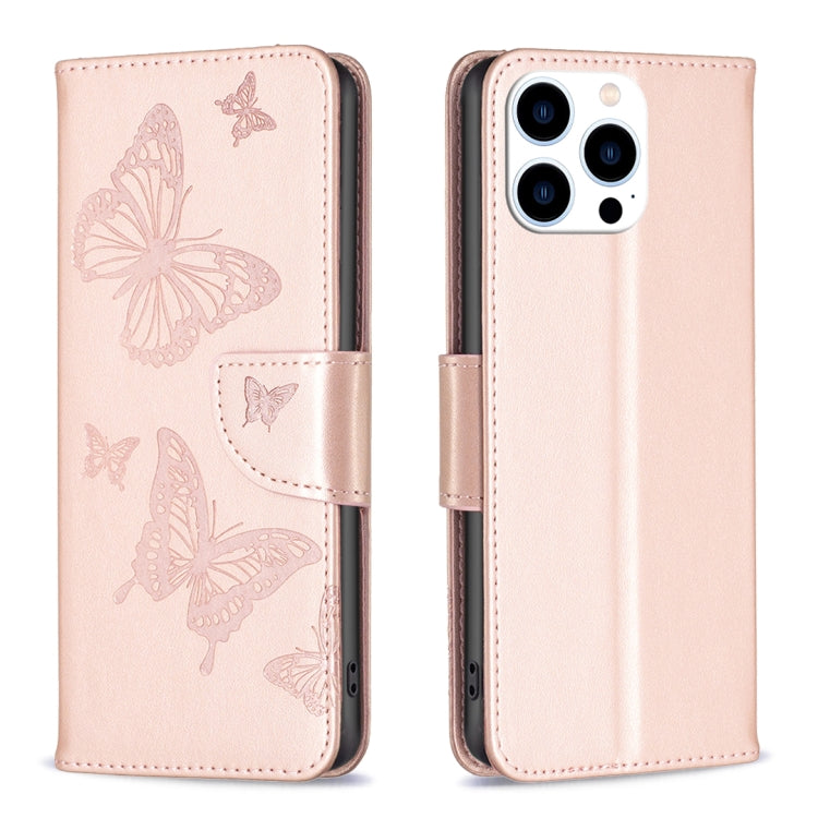 For iPhone 15 Pro Embossing Two Butterflies Pattern Leather Phone Case(Rose Gold) - HoMEdemic™ 