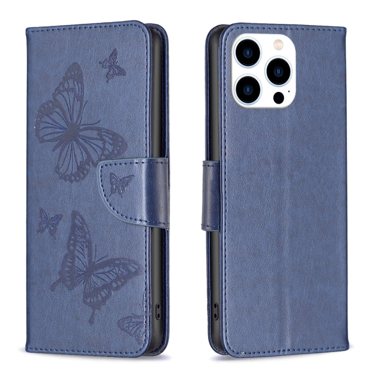 For iPhone 15 Pro Embossing Two Butterflies Pattern Leather Phone Case(Blue) - HoMEdemic™ 