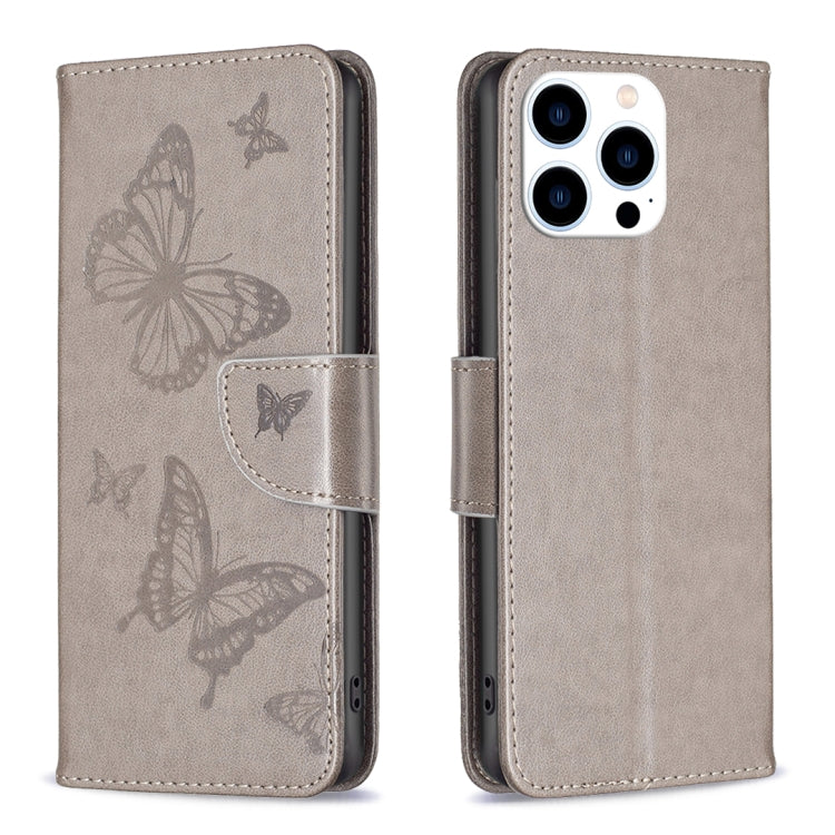For iPhone 15 Pro Embossing Two Butterflies Pattern Leather Phone Case(Grey) - HoMEdemic™ 