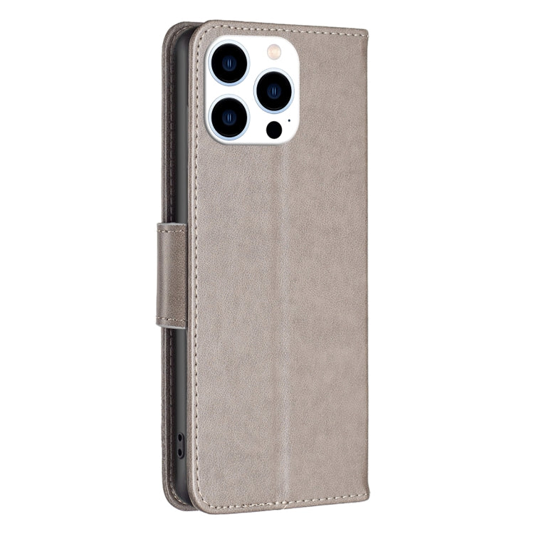 For iPhone 15 Pro Embossing Two Butterflies Pattern Leather Phone Case(Grey) - HoMEdemic™ 