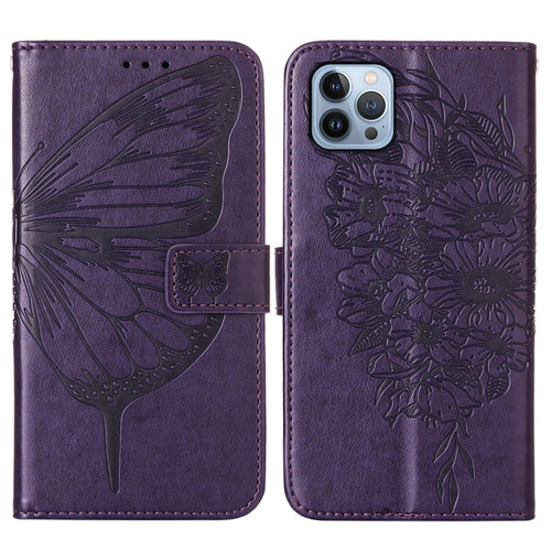 For iPhone 15 Pro Max Embossed Butterfly Leather Phone Case(Dark Purple) - HoMEdemic™ 