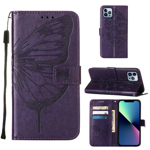 For iPhone 15 Pro Max Embossed Butterfly Leather Phone Case(Dark Purple) - HoMEdemic™ 