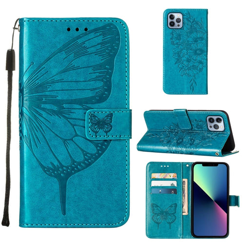 For iPhone 15 Pro Max Embossed Butterfly Leather Phone Case(Blue) - HoMEdemic™ 