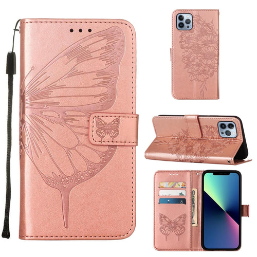 For iPhone 15 Pro Max Embossed Butterfly Leather Phone Case(Rose Gold) - HoMEdemic™ 