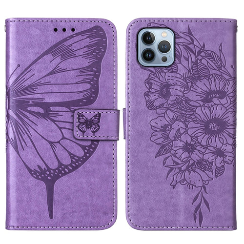 For iPhone 15 Pro Max Embossed Butterfly Leather Phone Case(Light Purple) - HoMEdemic™ 