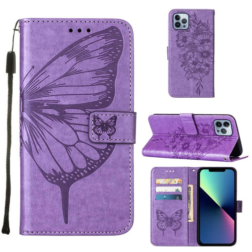 For iPhone 15 Pro Max Embossed Butterfly Leather Phone Case(Light Purple) - HoMEdemic™ 