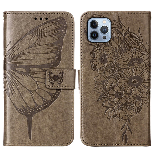 For iPhone 15 Pro Max Embossed Butterfly Leather Phone Case(Grey) - HoMEdemic™ 