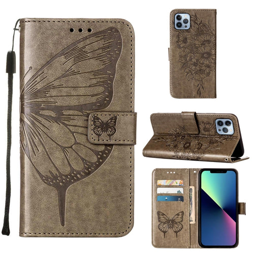 For iPhone 15 Pro Max Embossed Butterfly Leather Phone Case(Grey) - HoMEdemic™ 