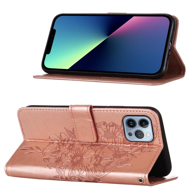 For iPhone 15 Pro Embossed Butterfly Leather Phone Case(Rose Gold) - HoMEdemic™ 
