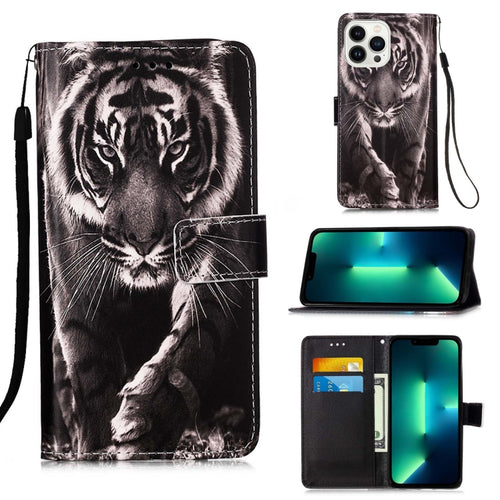 For iPhone 15 Pro Max Colored Drawing Pattern Plain Weave Leather Phone Case(Black And White Tiger) - HoMEdemic™ 