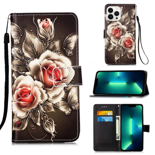 For iPhone 15 Pro Max Colored Drawing Pattern Plain Weave Leather Phone Case(Roses On Black) - HoMEdemic™ 