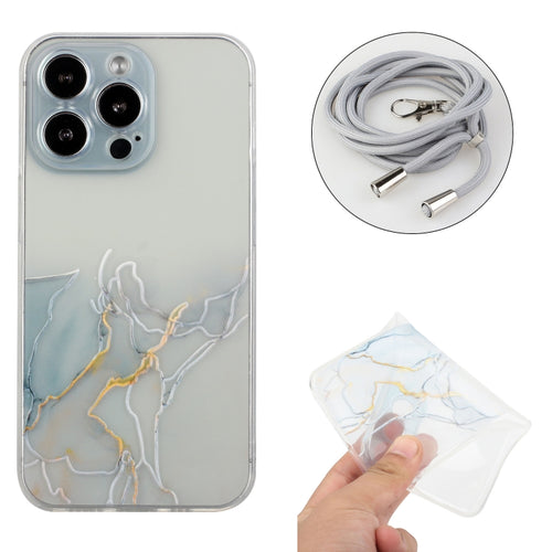 For iPhone 15 Pro Max Hollow Marble Pattern TPU Shockproof Phone Case with Rope(Grey) - HoMEdemic™ 