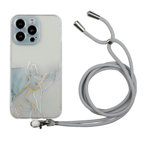 For iPhone 15 Pro Max Hollow Marble Pattern TPU Shockproof Phone Case with Rope(Grey) - HoMEdemic™ 