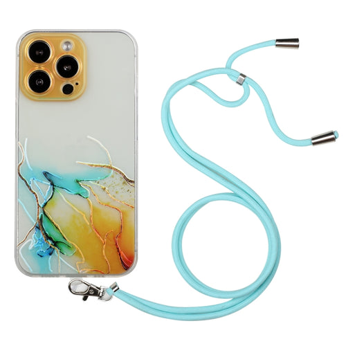 For iPhone 15 Pro Max Hollow Marble Pattern TPU Shockproof Phone Case with Rope(Yellow) - HoMEdemic™ 