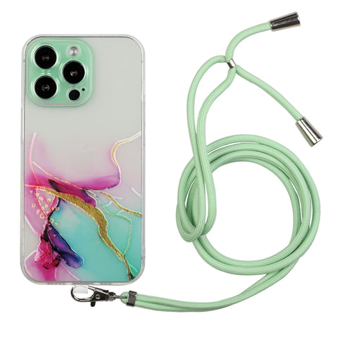 For iPhone 15 Pro Max Hollow Marble Pattern TPU Shockproof Phone Case with Rope(Green) - HoMEdemic™ 