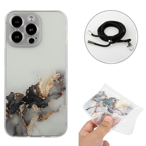 For iPhone 15 Pro Max Hollow Marble Pattern TPU Shockproof Phone Case with Rope(Black) - HoMEdemic™ 