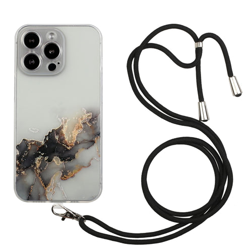 For iPhone 15 Pro Max Hollow Marble Pattern TPU Shockproof Phone Case with Rope(Black) - HoMEdemic™ 