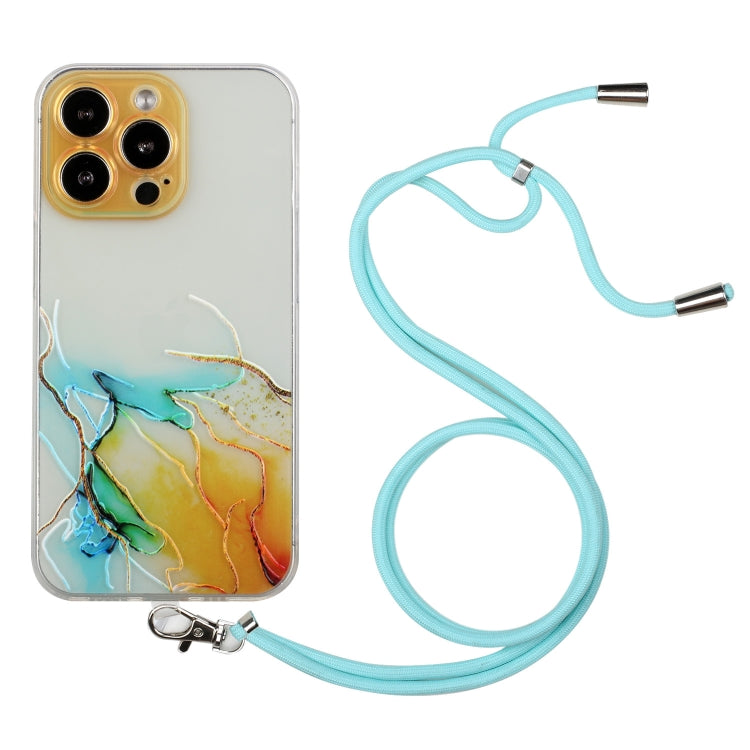 For iPhone 15 Pro Hollow Marble Pattern TPU Shockproof Phone Case with Rope(Yellow) - HoMEdemic™ 