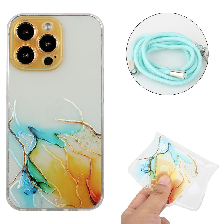 For iPhone 15 Pro Hollow Marble Pattern TPU Shockproof Phone Case with Rope(Yellow) - HoMEdemic™ 