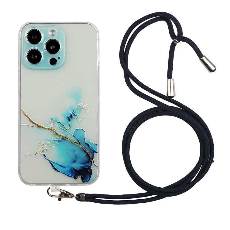 For iPhone 15 Pro Hollow Marble Pattern TPU Shockproof Phone Case with Rope(Blue) - HoMEdemic™ 