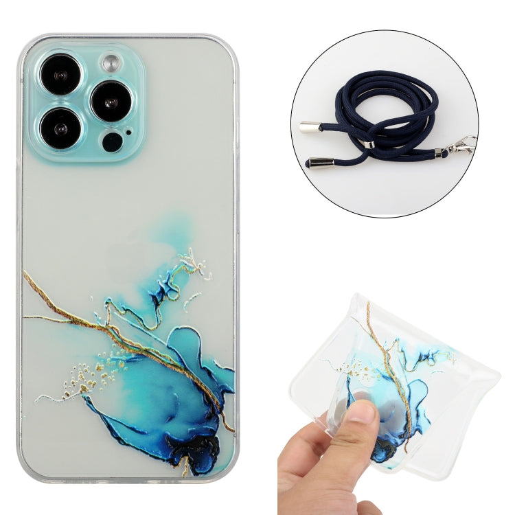 For iPhone 15 Pro Hollow Marble Pattern TPU Shockproof Phone Case with Rope(Blue) - HoMEdemic™ 