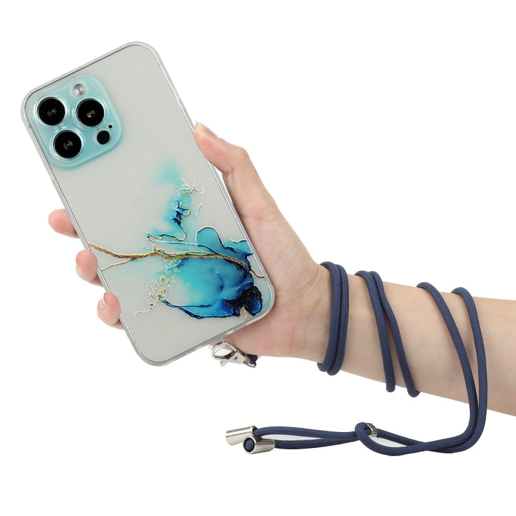 For iPhone 15 Pro Hollow Marble Pattern TPU Shockproof Phone Case with Rope(Blue) - HoMEdemic™ 