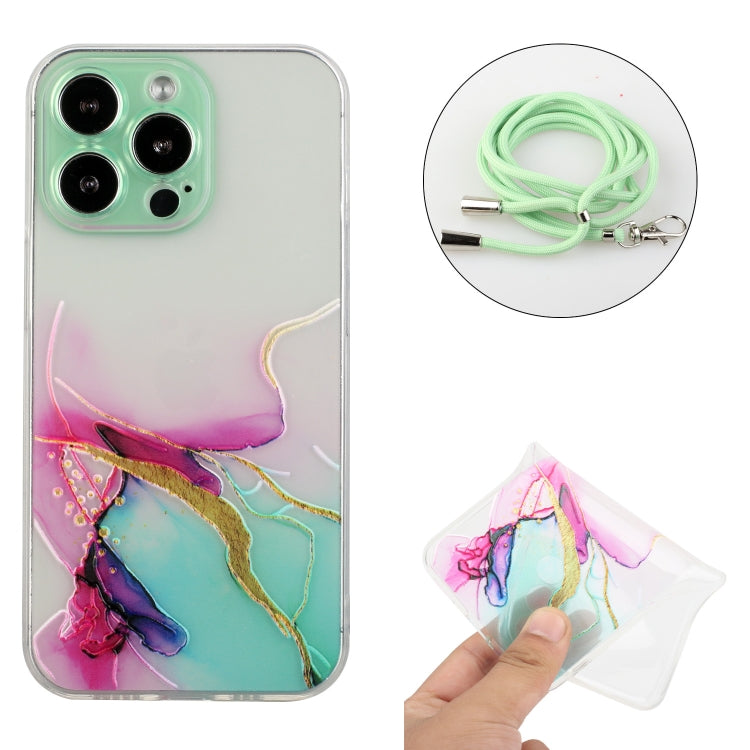 For iPhone 15 Pro Hollow Marble Pattern TPU Shockproof Phone Case with Rope(Green) - HoMEdemic™ 