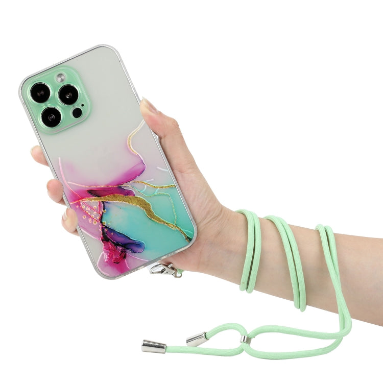 For iPhone 15 Pro Hollow Marble Pattern TPU Shockproof Phone Case with Rope(Green) - HoMEdemic™ 