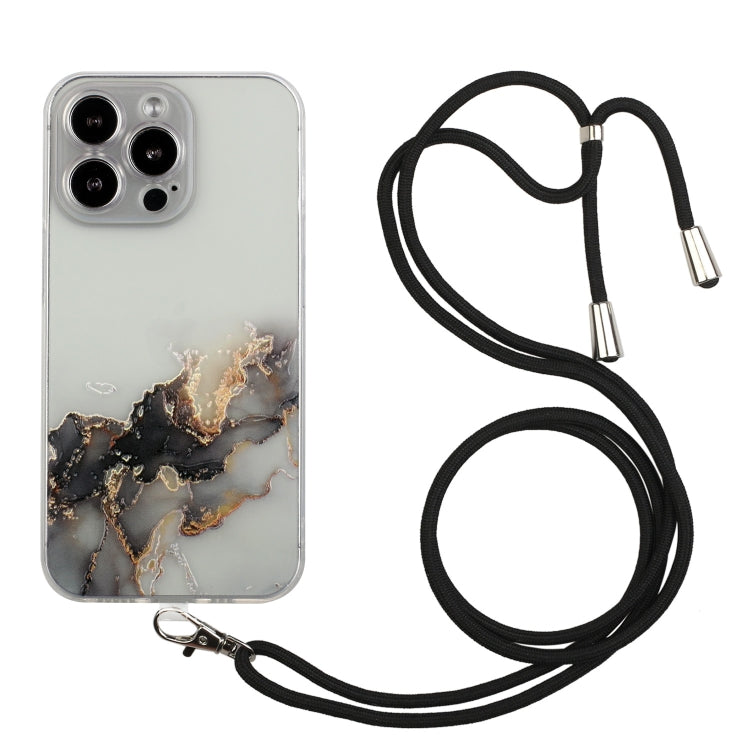 For iPhone 15 Pro Hollow Marble Pattern TPU Shockproof Phone Case with Rope(Black) - HoMEdemic™ 