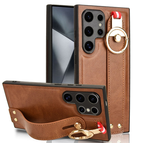 For Samsung Galaxy S24 Ultra 5G Wristband Leather Back Phone Case(Brown) - HoMEdemic™ 