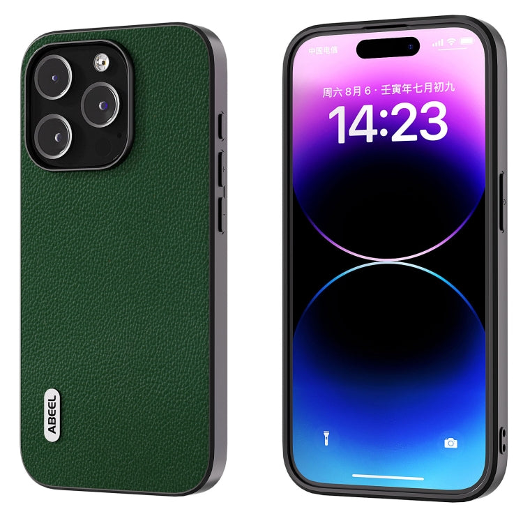 For iPhone 15 Pro ABEEL Black Edge Genuine Leather Mino Phone Case(Green) - HoMEdemic™ 