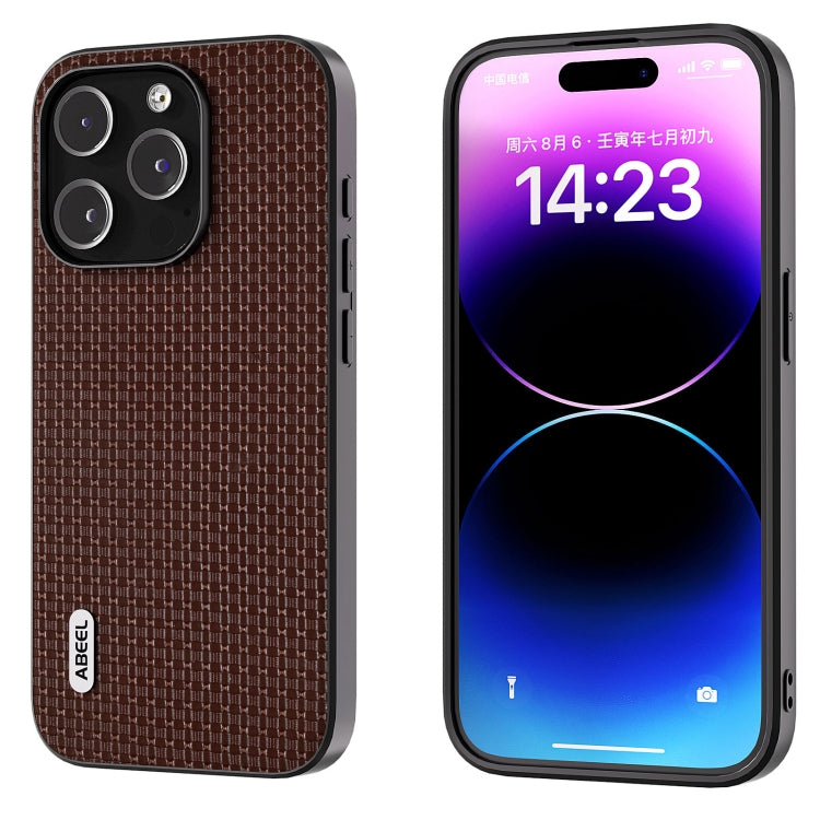 For iPhone 15 Pro ABEEL Genuine Leather Luxury Black Edge Phone Case(Coffee) - HoMEdemic™ 