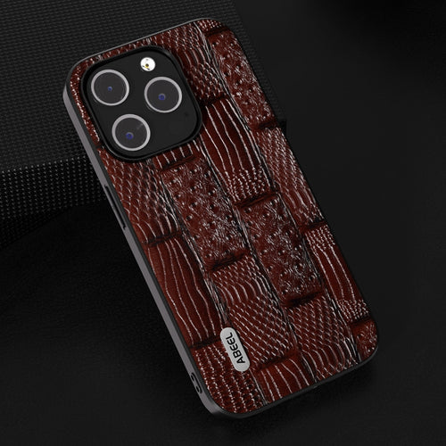 For iPhone 15 Pro Max ABEEL Genuine Leather Mahjong Pattern Black Edge Phone Case(Brown) - HoMEdemic™ 