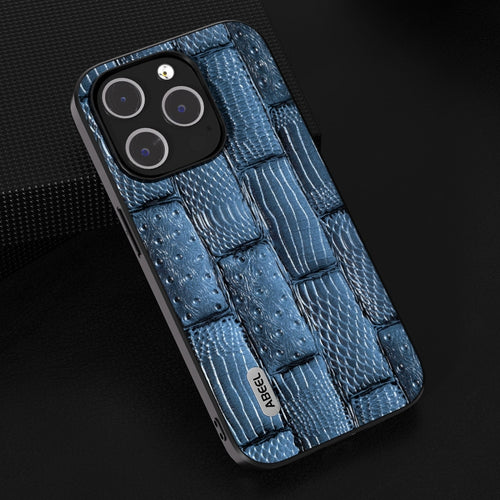 For iPhone 15 Pro Max ABEEL Genuine Leather Mahjong Pattern Black Edge Phone Case(Blue) - HoMEdemic™ 