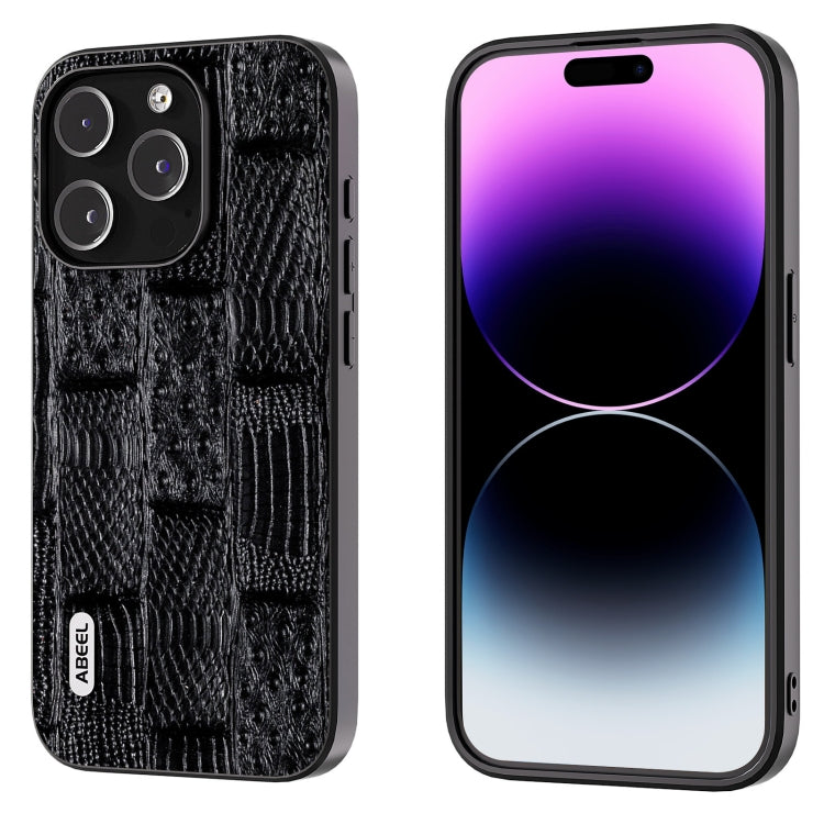 For iPhone 15 Pro ABEEL Genuine Leather Mahjong Pattern Black Edge Phone Case(Black) - HoMEdemic™ 