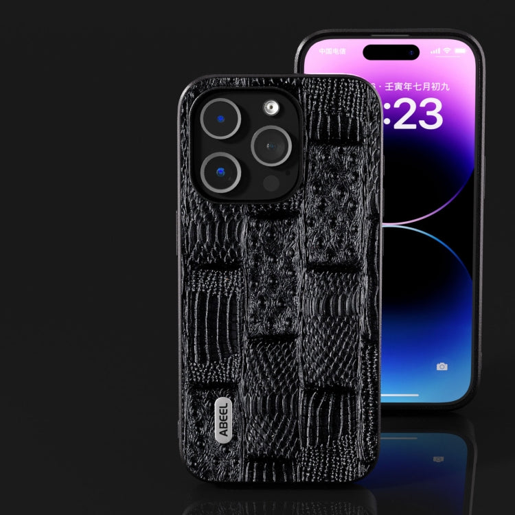For iPhone 15 Pro ABEEL Genuine Leather Mahjong Pattern Black Edge Phone Case(Black) - HoMEdemic™ 