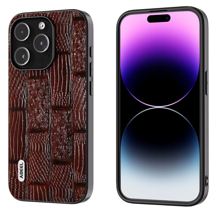 For iPhone 15 Pro ABEEL Genuine Leather Mahjong Pattern Black Edge Phone Case(Brown) - HoMEdemic™ 