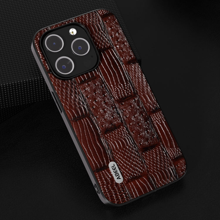 For iPhone 15 Pro ABEEL Genuine Leather Mahjong Pattern Black Edge Phone Case(Brown) - HoMEdemic™ 